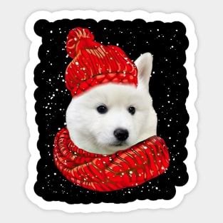 White Husky Wearing Red Hat And Scarf In Snow Christmas Sticker